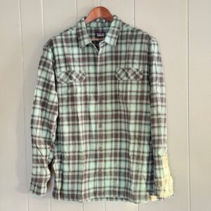 Patagonia Organic Cotton Plaid Flannel Shirt Mens XL Green Brown 42400 FA22